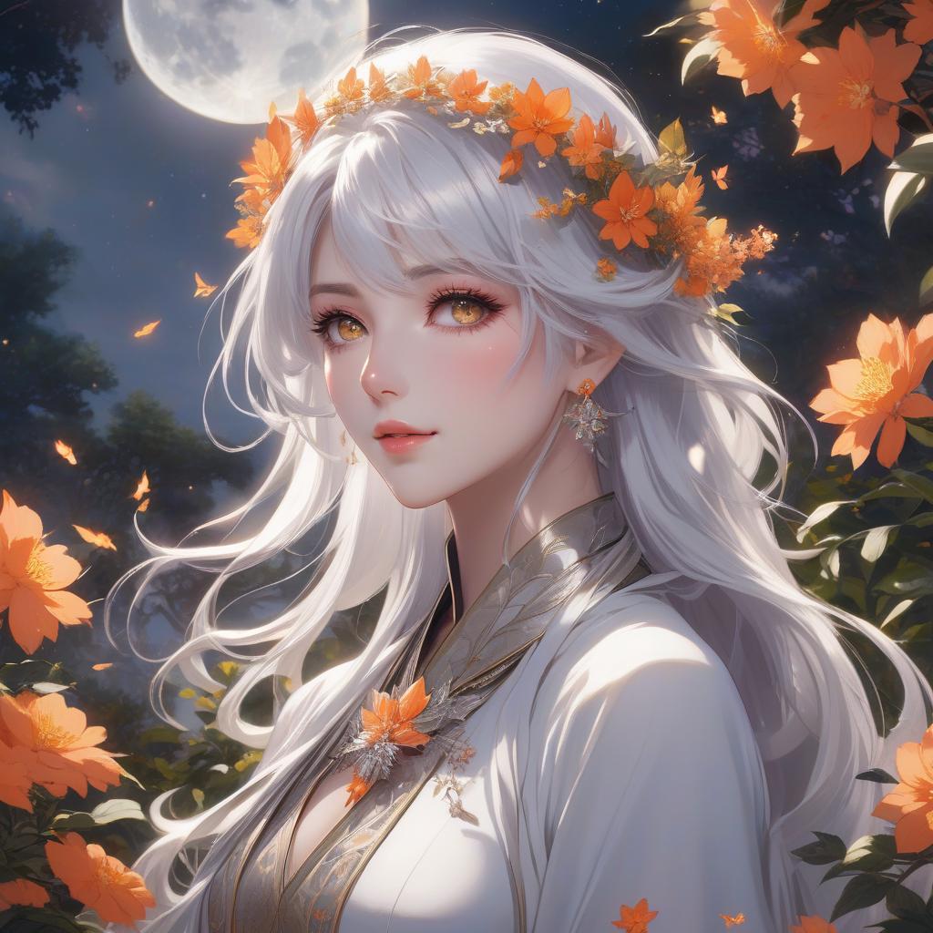  anime artwork A portrait of a woman with silver hair adorned with orange flowers and leaves, exuding an ethereal and mystical aura. The artwork captures a whimsical with a serene demeanor, pale complexion, and silver white hair adorned with a colorful floral wreath. Her soft facial features exude tranquility, complemented by a scarf that mimics layers of foliage and is accented with flowers. A unique erfly shaped extends from her shoulder, blending with her attire. The scene is ed in the gentle glow of a crescent moon, casting a warm light against the night sky, creating an enchanting, naturalistic tableau. . anime style, key visual, vint, studio anime, highly detailed hyperrealistic, full body, detailed clothing, highly detailed, cinematic lighting, stunningly beautiful, intricate, sharp focus, f/1. 8, 85mm, (centered image composition), (professionally color graded), ((bright soft diffused light)), volumetric fog, trending on instagram, trending on tumblr, HDR 4K, 8K