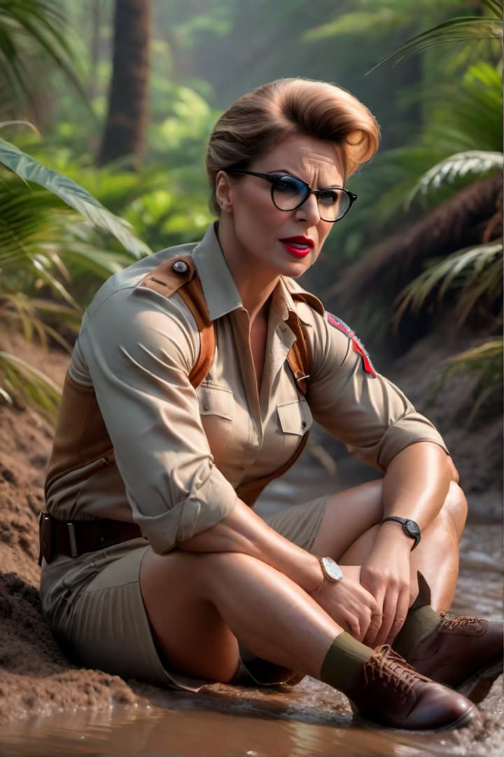  Screaming and crying A 1930’s era female jungle explorer,Velma. Dinkley ,wearing khaki shorts and khaki shirts with khaki knee socks, steps into shoulder deep mud hyperrealistic, full body, detailed clothing, highly detailed, cinematic lighting, stunningly beautiful, intricate, sharp focus, f/1. 8, 85mm, (centered image composition), (professionally color graded), ((bright soft diffused light)), volumetric fog, trending on instagram, trending on tumblr, HDR 4K, 8K