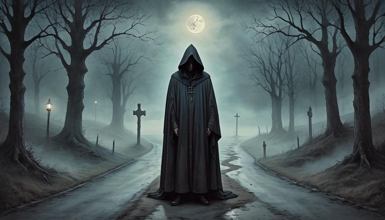  on parchment, surrealism+++, A figure in a hooded cloak, standing at a crossroad, one path shrouded in light mist, the other dark and shadowy, moonlight casting eerie glow, choices, uncertainty, mystical(mysterious, provocative, symbolic,muted color)+++