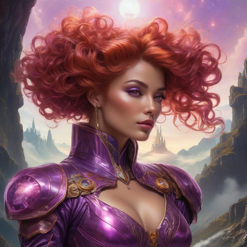  A masterpiece. A girl in a purple spacesuit, a whirlwind around her, her hair is developing. Pink light streams from her hands. Lips red, red curly hair, green eyes. Detailed depiction, detailing, detailing all the little details, correct and accurate color combination. Cyberpunk, rococo, baroque. Alfonso Mucha, Honoré Fargonard. Purple silk linen. Topaz, diamonds, quartzite, amber, topaz, emerald. A defended fortress, a palisade, a gloomy castle, iron, black stone. Standing against a background of mountains. hyperrealistic, full body, detailed clothing, highly detailed, cinematic lighting, stunningly beautiful, intricate, sharp focus, f/1. 8, 85mm, (centered image composition), (professionally color graded), ((bright soft diffused light)), volumetric fog, trending on instagram, trending on tumblr, HDR 4K, 8K