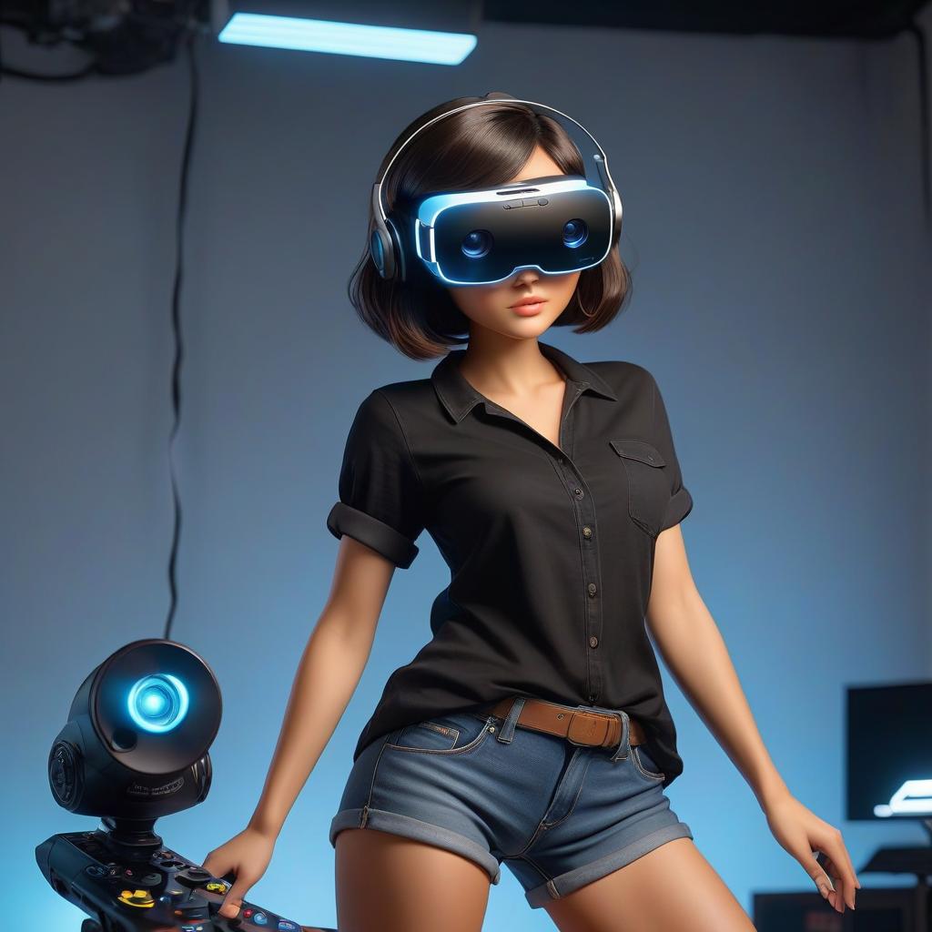  A girl with dark hair, a bob hairstyle, wearing a black tunic and denim shorts in VR glasses, holding a game controller from a console, view straight on, fluorescent lighting. hyperrealistic, full body, detailed clothing, highly detailed, cinematic lighting, stunningly beautiful, intricate, sharp focus, f/1. 8, 85mm, (centered image composition), (professionally color graded), ((bright soft diffused light)), volumetric fog, trending on instagram, trending on tumblr, HDR 4K, 8K