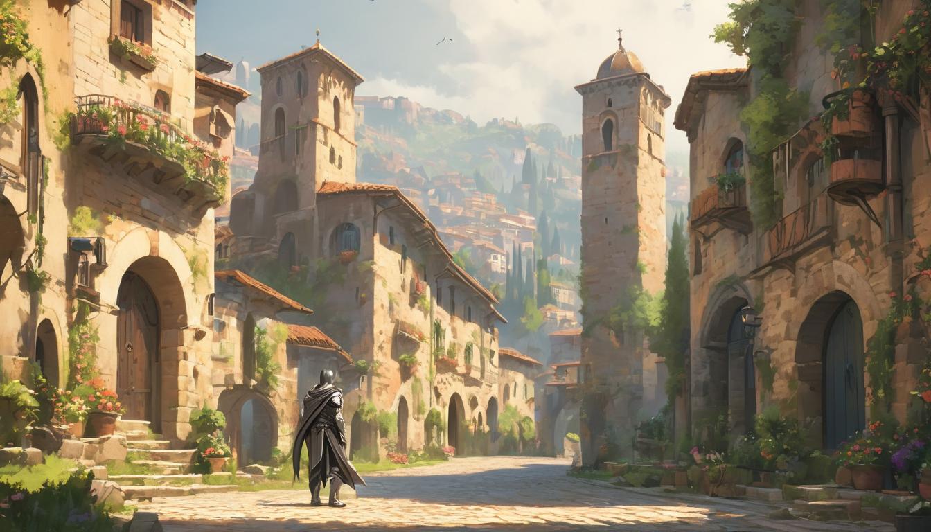  hyperrealism,fantasy aestheticA quaint Italian town, rustic architecture, cobblestone streets, rolling hills in the background, serene, pastoral., high tech clothing clad in sleek, futuristic costume with metallic accents and form fitting designs, marvel superhero comics style, unreal engine rendering