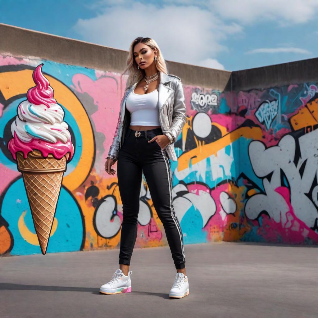  Female model at skatepark wearing ice cream cone pendant graffiti background hyperrealistic, full body, detailed clothing, highly detailed, cinematic lighting, stunningly beautiful, intricate, sharp focus, f/1. 8, 85mm, (centered image composition), (professionally color graded), ((bright soft diffused light)), volumetric fog, trending on instagram, trending on tumblr, HDR 4K, 8K