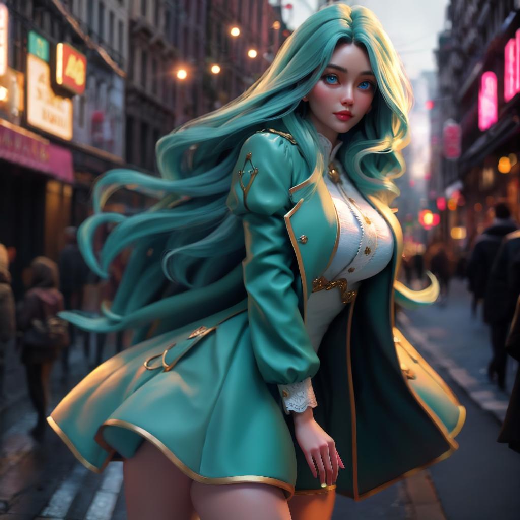  girl on city street, close up, long hair, blue eyes, green coat, pink dress hyperrealistic, full body, detailed clothing, highly detailed, cinematic lighting, stunningly beautiful, intricate, sharp focus, f/1. 8, 85mm, (centered image composition), (professionally color graded), ((bright soft diffused light)), volumetric fog, trending on instagram, trending on tumblr, HDR 4K, 8K