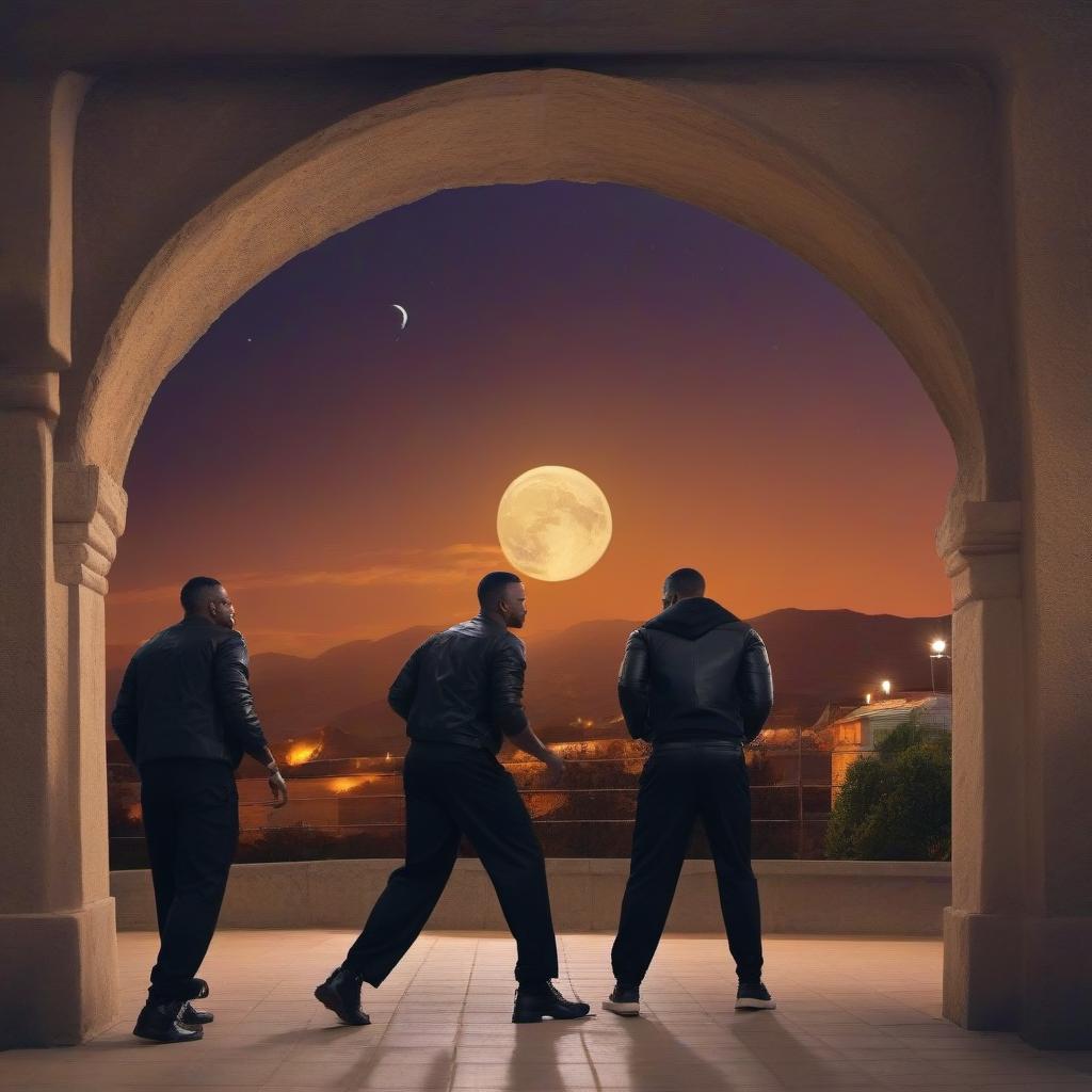  Four black men in black clothes fight a dark night without a moon