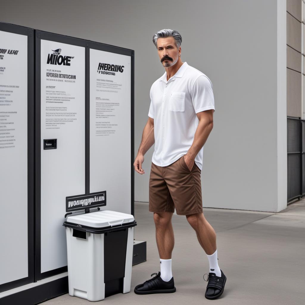  A 6 ft tall man weighing 200 lbs with short black and white hair and a goatee mustache. He is wearing a white A-shirt and brown Dickies shorts with black Nike slides and white socks. The man is putting movies into a plastic bin. hyperrealistic, full body, detailed clothing, highly detailed, cinematic lighting, stunningly beautiful, intricate, sharp focus, f/1. 8, 85mm, (centered image composition), (professionally color graded), ((bright soft diffused light)), volumetric fog, trending on instagram, trending on tumblr, HDR 4K, 8K