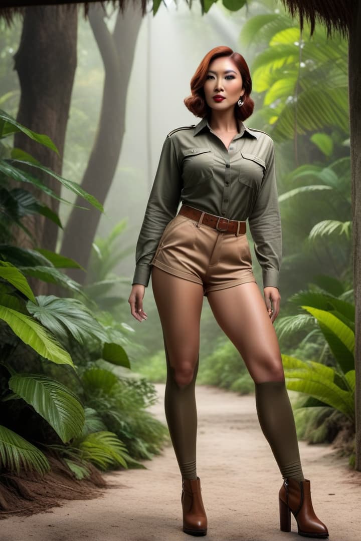  1930’s era young Asian female,auburn haired,jungle explorer , wearing her khaki shorts and shirt with khaki knee socks , captured by coiling vine hyperrealistic, full body, detailed clothing, highly detailed, cinematic lighting, stunningly beautiful, intricate, sharp focus, f/1. 8, 85mm, (centered image composition), (professionally color graded), ((bright soft diffused light)), volumetric fog, trending on instagram, trending on tumblr, HDR 4K, 8K