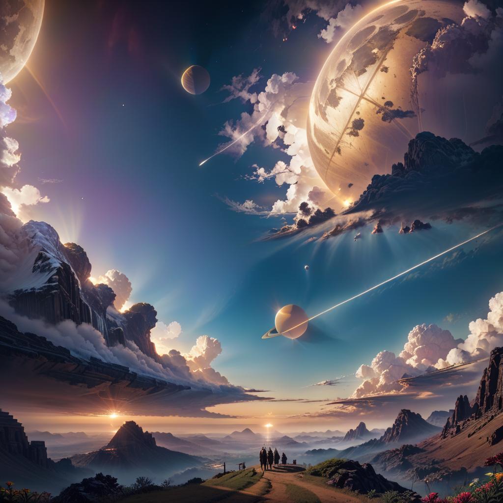  breathtaking outer space, planets, Sunset clouds in background, twinkling lights, intricate artwork masterpiece, golden ratio, trending, trending on artstation, ominous, intricate, epic, vibrant, production cinematic character render, 8k rendering, highly detailed, ultra high quality mod . award winning, professional, highly detailed, Civitai hyperrealistic, full body, detailed clothing, highly detailed, cinematic lighting, stunningly beautiful, intricate, sharp focus, f/1. 8, 85mm, (centered image composition), (professionally color graded), ((bright soft diffused light)), volumetric fog, trending on instagram, trending on tumblr, HDR 4K, 8K