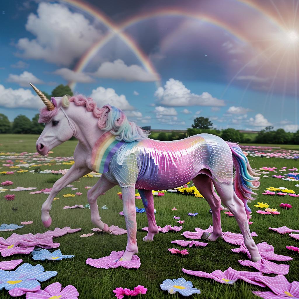  a zombie unicorn frolicking in a hellokittycore meadow with flowers made of holographic fabric and a rainbow in the background