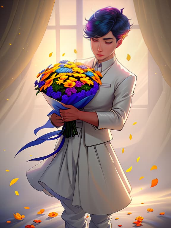  A boy carries a big flower with colorful petals. hyperrealistic, full body, detailed clothing, highly detailed, cinematic lighting, stunningly beautiful, intricate, sharp focus, f/1. 8, 85mm, (centered image composition), (professionally color graded), ((bright soft diffused light)), volumetric fog, trending on instagram, trending on tumblr, HDR 4K, 8K