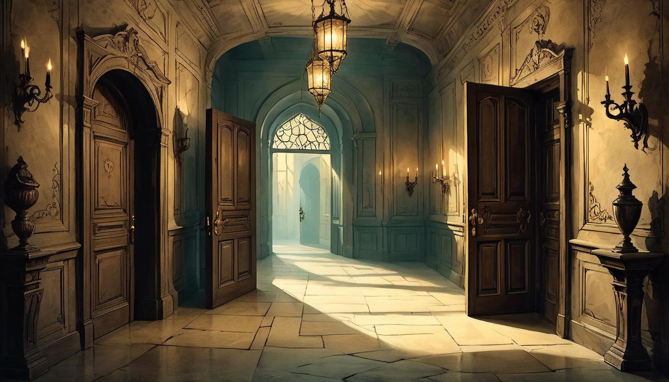  on parchment, surrealism+++, Shadowy hallway, multiple doors, one brightly illuminated and slightly ajar, light spilling out, beckoning, sense of unexpected allure, mysterious(mysterious, provocative, symbolic,muted color)+++