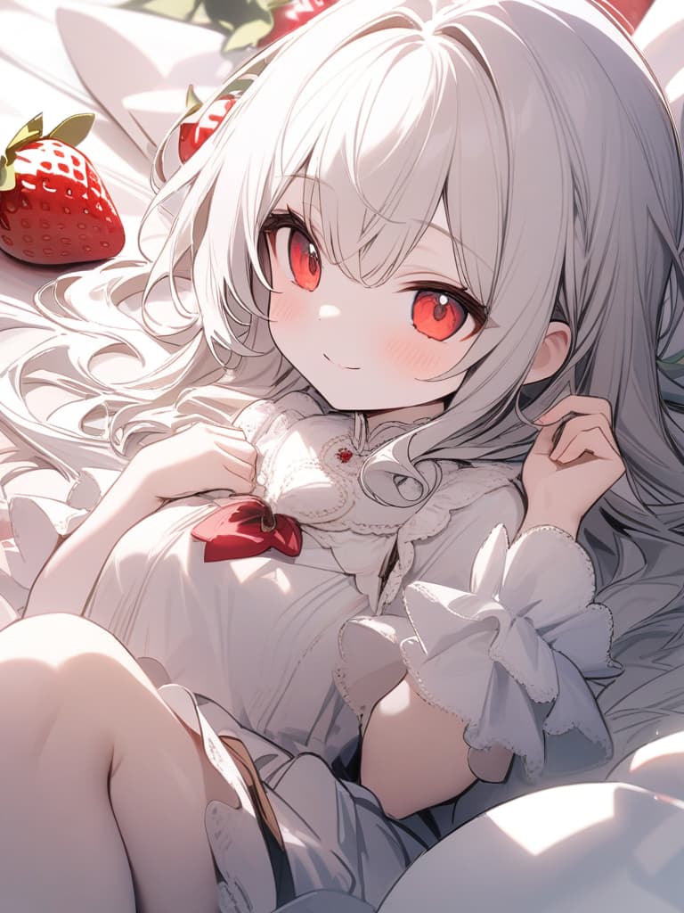  Cute, girl, big eyes, white skin, young face, thin body, pure white hair color, bright red eyes, fluffy hair, exposure, strawberry, smiles, red and white clothes, dress., masterpiece, best quality,8k,ultra detailed,high resolution,an extremely delicate and beautiful,hyper detail