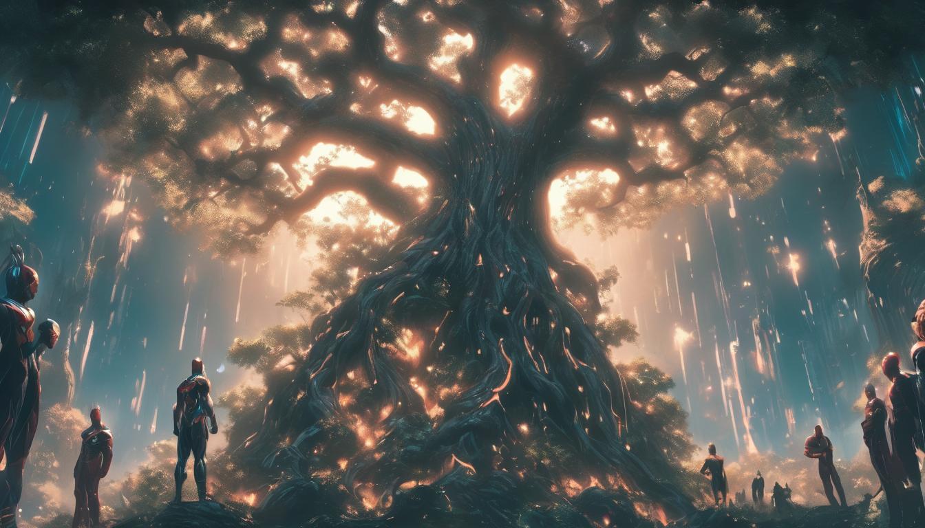  hyperrealism,fantasy aestheticA tall, unwavering tree with deep roots and branches reaching skyward, strong, steadfast, symbol of divine truth., high tech clothing clad in sleek, futuristic costume with metallic accents and form fitting designs, marvel superhero comics style, unreal engine rendering