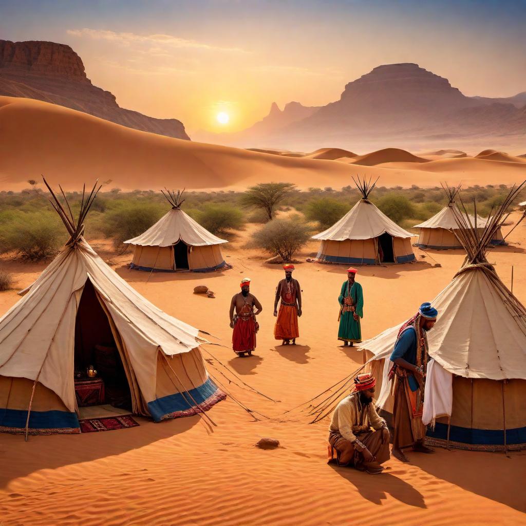  A vivid and detailed portrayal of Mauri tribes of North Africa. The scene includes traditional tribal people dressed in colorful garments and headpieces adorned with feathers and intricate patterns. The landscape features arid terrain with rugged mountains in the background and sparse vegetation typical of the North African region. The tribespeople are seen engaging in daily activities like crafting, trading, and socializing, with traditional huts and tents visible around. Include one or two domesticated animals, such as camels or goats. The sky above is clear with a warm, golden hue reflecting the setting sun. hyperrealistic, full body, detailed clothing, highly detailed, cinematic lighting, stunningly beautiful, intricate, sharp focus, f/1. 8, 85mm, (centered image composition), (professionally color graded), ((bright soft diffused light)), volumetric fog, trending on instagram, trending on tumblr, HDR 4K, 8K