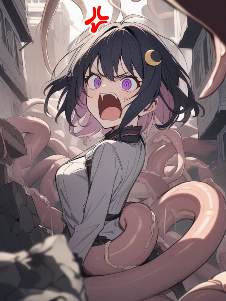  Tentacle Background,Manipulate the tentacles,((Tentacles coming out of the back,beige Tentacles,beige feeler,beige sharp tentacle))1.8,((Anger,screaming,hatred))1.2,murderous intent,mouths open,running,tattered clothes,rubble,collapsed buildings,cool girl,Black hair,(purple eyes),short,cropped hair,crescent moon hair ornament, masterpiece, best quality,8k,ultra detailed,high resolution,an extremely delicate and beautiful,hyper detail