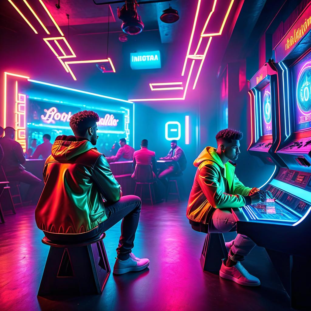  hyperrealistic art Two boys are sitting in a neon lit game club. . extremely high resolution details, photographic, realism pushed to extreme, fine texture, incredibly lifelike hyperrealistic, full body, detailed clothing, highly detailed, cinematic lighting, stunningly beautiful, intricate, sharp focus, f/1. 8, 85mm, (centered image composition), (professionally color graded), ((bright soft diffused light)), volumetric fog, trending on instagram, trending on tumblr, HDR 4K, 8K