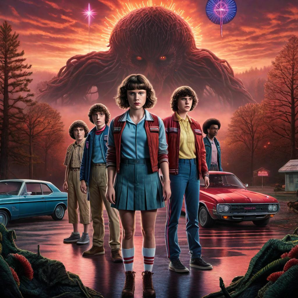  A single drawing that combines elements from all four seasons of Stranger Things. The image should feature iconic moments and characters from each season, blending them into one cohesive scene. Include Eleven using her powers, the Demogorgon, the Mind Flayer, the Byers' Christmas lights, the Starcourt Mall, and the Upside Down. Make the scene dynamic and atmospheric, reflecting the supernatural and adventurous tone of the show. hyperrealistic, full body, detailed clothing, highly detailed, cinematic lighting, stunningly beautiful, intricate, sharp focus, f/1. 8, 85mm, (centered image composition), (professionally color graded), ((bright soft diffused light)), volumetric fog, trending on instagram, trending on tumblr, HDR 4K, 8K