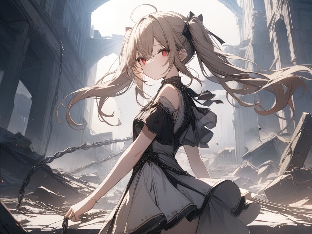  Hair colored beige, twin tails, black ribbon on hair, red eyes, ruins, chains, light, angel, masterpiece, best quality,8k,ultra detailed,high resolution,an extremely delicate and beautiful,hyper detail