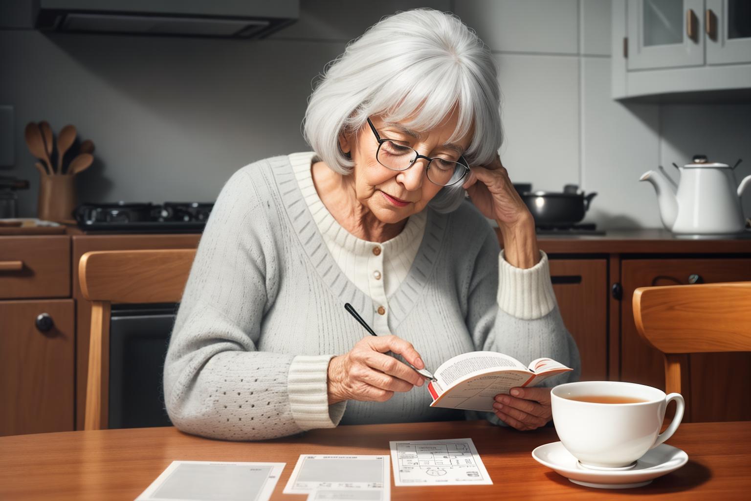  "Close up of an elderly woman (female) sitting at a well lit, tidy kitchen table, holding a simple cognitive test card in her hand. Her expression is one of mild concentration, reflecting the ease and accessibility of the test. On the table, a cup of tea and a pair of reading glasses add a homely touch. The background is a softly focused, cozy kitchen setting, ensuring the main focus remains on the woman and the test card. The image is realistic, detailed, and warm, evoking a sense of comfort and simplicity. High quality, photorealistic style with natural lighting."Ensure no face,leg,hand or eye defomities.Ensure all images are clear, detailed, contains no text and no deformities. realistic, highly detailed, photorealistic, cinematic lighti hyperrealistic, full body, detailed clothing, highly detailed, cinematic lighting, stunningly beautiful, intricate, sharp focus, f/1. 8, 85mm, (centered image composition), (professionally color graded), ((bright soft diffused light)), volumetric fog, trending on instagram, trending on tumblr, HDR 4K, 8K