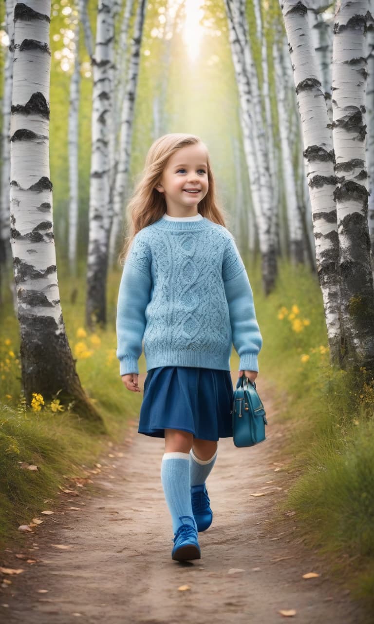  A cheerful Little girl is walking along a birch alley, wearing a sweater, white socks and blue shoes, with a bright satchel hyperrealistic, full body, detailed clothing, highly detailed, cinematic lighting, stunningly beautiful, intricate, sharp focus, f/1. 8, 85mm, (centered image composition), (professionally color graded), ((bright soft diffused light)), volumetric fog, trending on instagram, trending on tumblr, HDR 4K, 8K