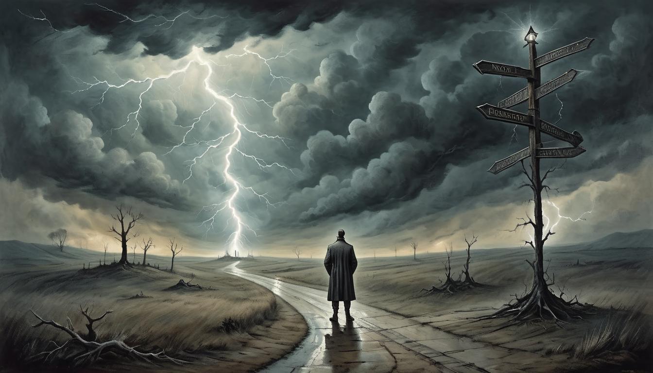  on parchment, surrealism+++, Figure standing at a crossroads under a dark, stormy sky, signs pointing in multiple directions, lightning highlighting a questioning face, mood of confusion, quest for answers(mysterious, provocative, symbolic,muted color)+++