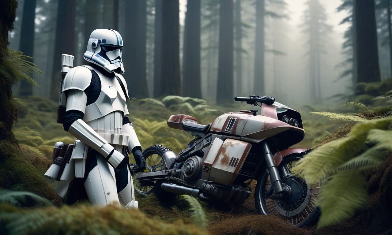  Star Wars, a clone trooper approached a fallen speeder bike in the brush. hyperrealistic, full body, detailed clothing, highly detailed, cinematic lighting, stunningly beautiful, intricate, sharp focus, f/1. 8, 85mm, (centered image composition), (professionally color graded), ((bright soft diffused light)), volumetric fog, trending on instagram, trending on tumblr, HDR 4K, 8K