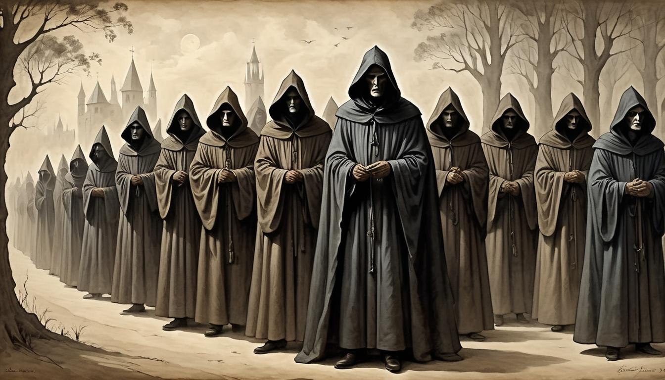  on parchment, surrealism+++, Rows of identical cloaked figures, moving in unison, reflecting routine and mimicry, shadows play on their faces, mysterious and somber mood(mysterious, provocative, symbolic,muted color)+++