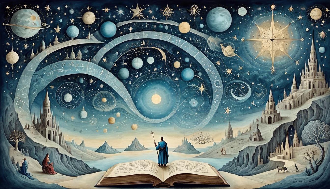  on parchment, surrealism+++, Shimmering constellations of thought, intellectual cosmos, radiant, intricate(mysterious, provocative, symbolic,muted color)+++