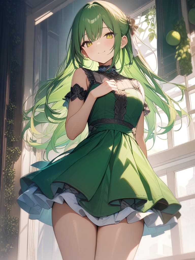  Cute, girl, long hair, thin body, kiwi fruit, kiwi decoration, yellow green eyes, yellow green hair, half twin tail, frill dress, smile, masterpiece, best quality,8k,ultra detailed,high resolution,an extremely delicate and beautiful,hyper detail