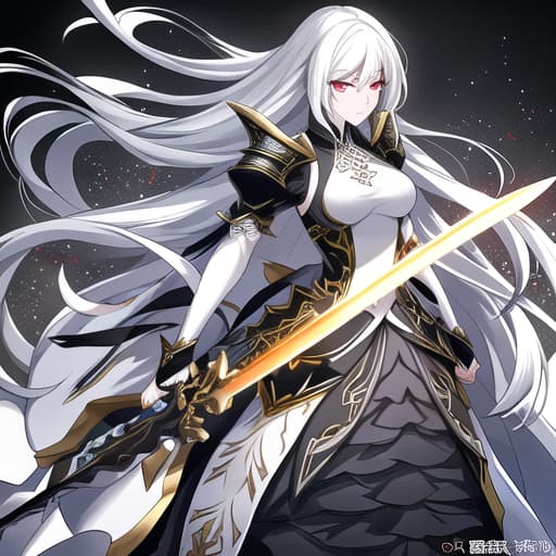  a girl manhua character with black and white hair with amber eyes with white skin wearing knite dress and carrying a sword hyperrealistic, full body, detailed clothing, highly detailed, cinematic lighting, stunningly beautiful, intricate, sharp focus, f/1. 8, 85mm, (centered image composition), (professionally color graded), ((bright soft diffused light)), volumetric fog, trending on instagram, trending on tumblr, HDR 4K, 8K