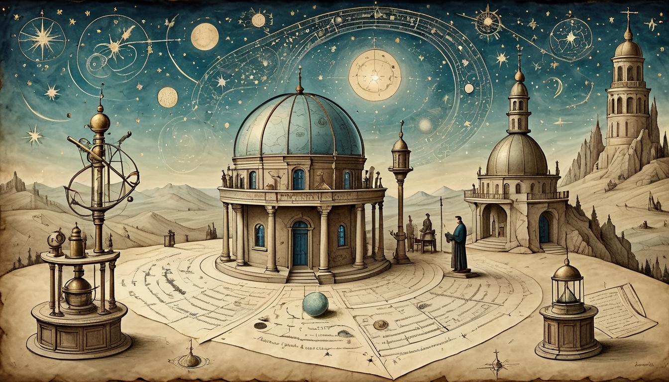  on parchment, surrealism+++, Celestial observatory with ancient telescopes and star maps, constellations glowing in the sky, scholarly, timeless(mysterious, provocative, symbolic,muted color)+++