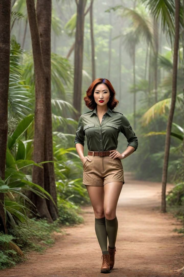  1930’s era young Asian female,auburn haired,jungle explorer ,,wearing her khaki shorts and shirt with khaki knee socks , hyperrealistic, full body, detailed clothing, highly detailed, cinematic lighting, stunningly beautiful, intricate, sharp focus, f/1. 8, 85mm, (centered image composition), (professionally color graded), ((bright soft diffused light)), volumetric fog, trending on instagram, trending on tumblr, HDR 4K, 8K