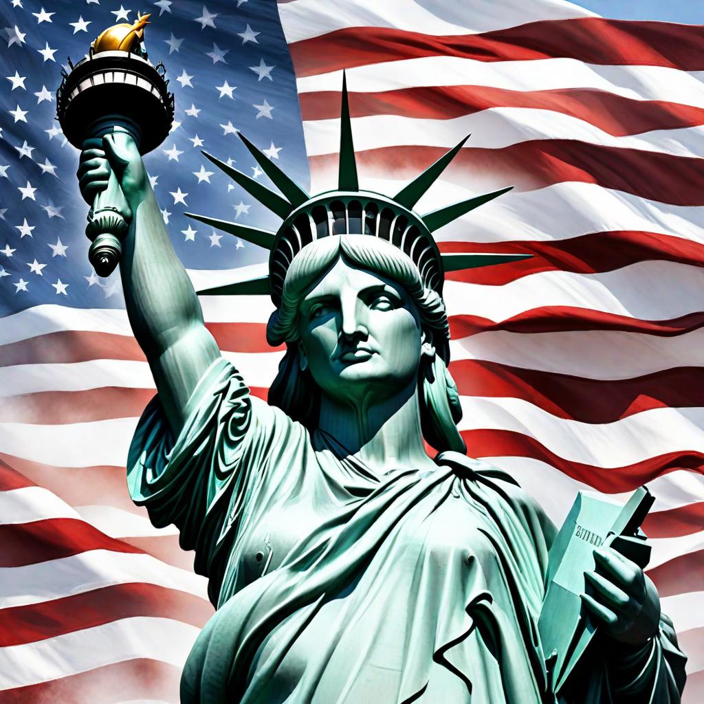  Create a watercolor digital painting of the Statue of Liberty with the American flag waving in the background. The Statue of Liberty should be detailed and prominent in the foreground, capturing its iconic features. The American flag should be artistically rendered in the background, with its colors blending softly in a watercolor style. The overall image should have a delicate and artistic watercolor effect, with soft, pastel tones and splashes to enhance the dreamy and patriotic feel. hyperrealistic, full body, detailed clothing, highly detailed, cinematic lighting, stunningly beautiful, intricate, sharp focus, f/1. 8, 85mm, (centered image composition), (professionally color graded), ((bright soft diffused light)), volumetric fog, trending on instagram, trending on tumblr, HDR 4K, 8K