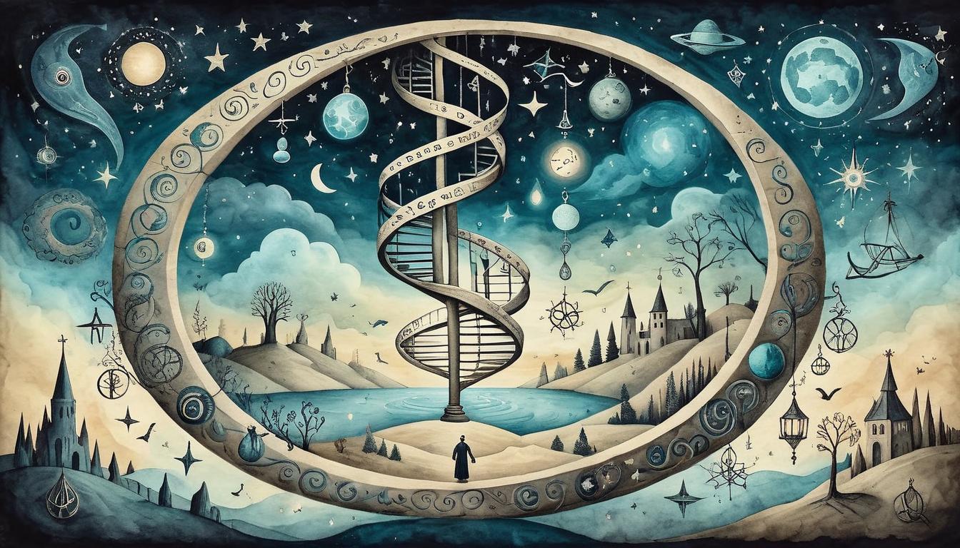  on parchment, surrealism+++, Small lifestyle symbols, interconnected with DNA strands, cosmic night sky, ethereal glow, subtle sense of progression(mysterious, provocative, symbolic,muted color)+++