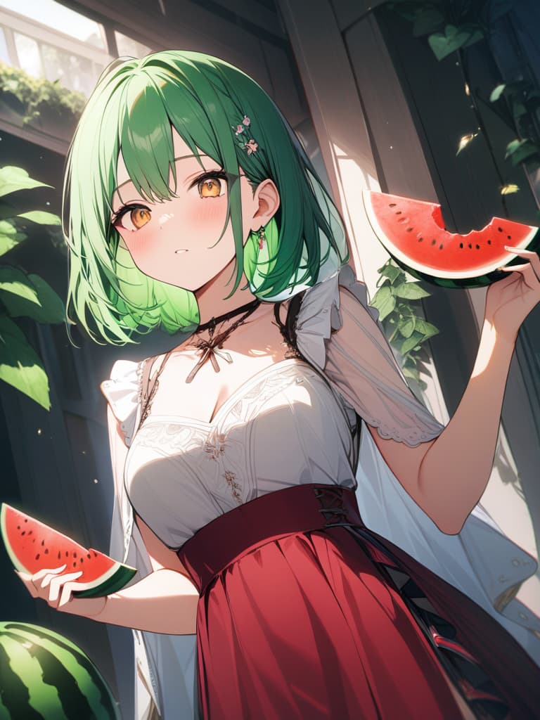  Cute, girl, thin body, green hair, yellow eyes, watermelon, watermelon, red and green dress, watermelon decoration, medium hair, vine, frills, masterpiece, best quality,8k,ultra detailed,high resolution,an extremely delicate and beautiful,hyper detail