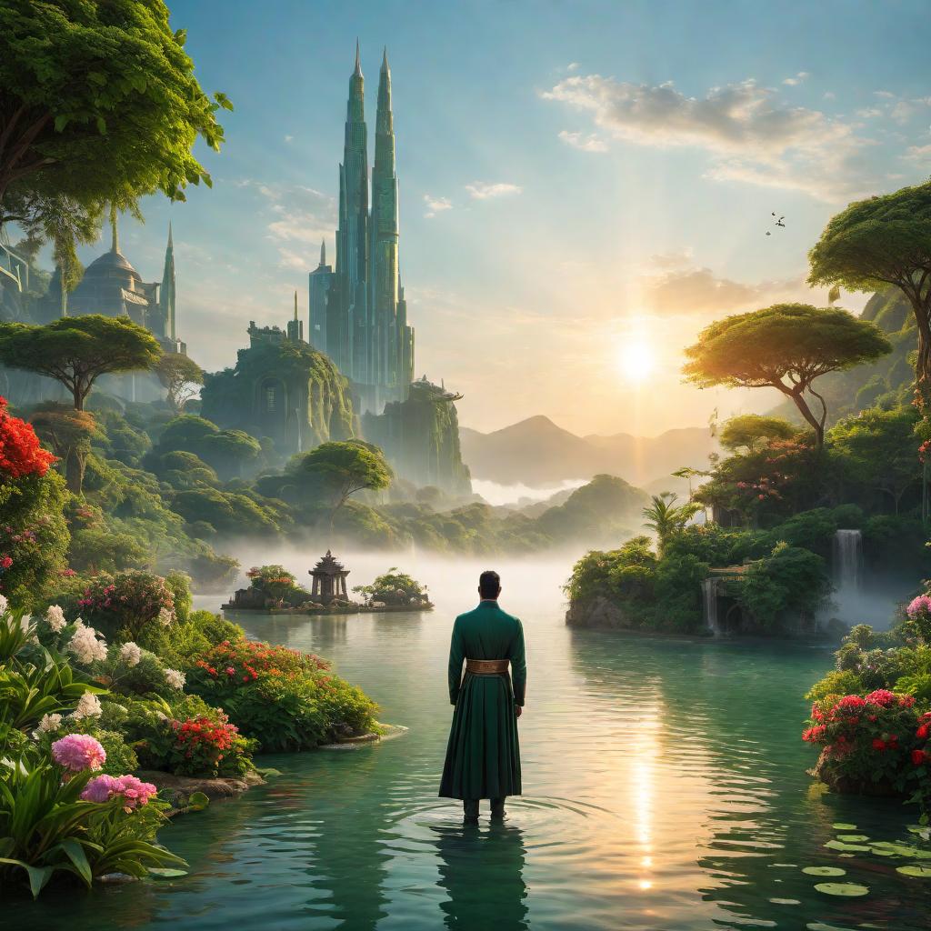  A vibrant and hopeful scene in the future featuring a person looking confidently towards the horizon, surrounded by symbols of success, growth, and happiness. The background should include elements like the sun rising, lush green landscapes, possibly buildings representing achievements, and gently flowing water symbolizing peace and continuity. The overall mood should be uplifting and inspiring. hyperrealistic, full body, detailed clothing, highly detailed, cinematic lighting, stunningly beautiful, intricate, sharp focus, f/1. 8, 85mm, (centered image composition), (professionally color graded), ((bright soft diffused light)), volumetric fog, trending on instagram, trending on tumblr, HDR 4K, 8K