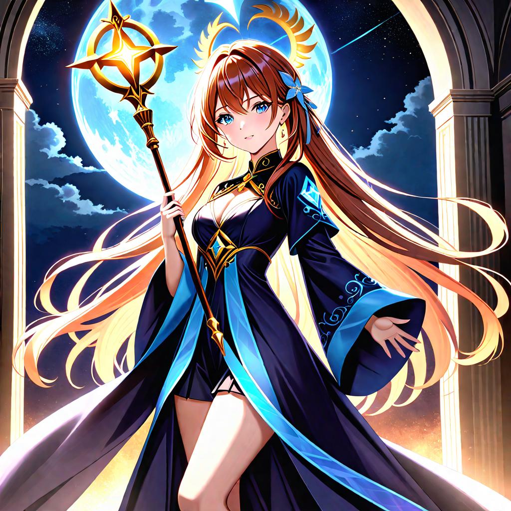  A powerful magical girl holding a mystical staff, adorned with celestial symbols. She wears a flowing, ethereal robe that shimmers with iridescent colors, symbolizing the balance of light and dark. Her eyes glow with a divine light, and her presence exudes both grace and immense power. Her hair, long and flowing, resembles the night sky filled with stars., Rarity SS, 8K