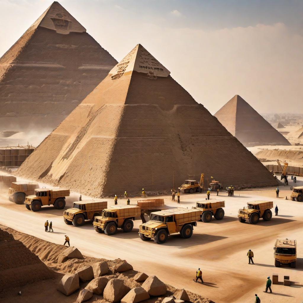  A detailed infographic illustrating the construction process of the Great Pyramid of Giza: 1. Quarry: Workers extracting stone blocks from a nearby quarry. 2. Transportation: Blocks being moved on sledges, pulled by workers. 3. Ramps: Inclined ramps or causeways used to elevate the blocks. 4. Workforce: Temporary workers collaborating on different tasks. 5. Tools and Technology: Copper tools, levers, and rollers being used to shape and move stones. 6. Stone Placement: Precision placement of stone blocks using possibly limestone mortar. 7. Finishing Touch: Outer casing of white limestone being applied to the pyramid, giving it a smooth finish. Include labels and arrows pointing to each stage. hyperrealistic, full body, detailed clothing, highly detailed, cinematic lighting, stunningly beautiful, intricate, sharp focus, f/1. 8, 85mm, (centered image composition), (professionally color graded), ((bright soft diffused light)), volumetric fog, trending on instagram, trending on tumblr, HDR 4K, 8K