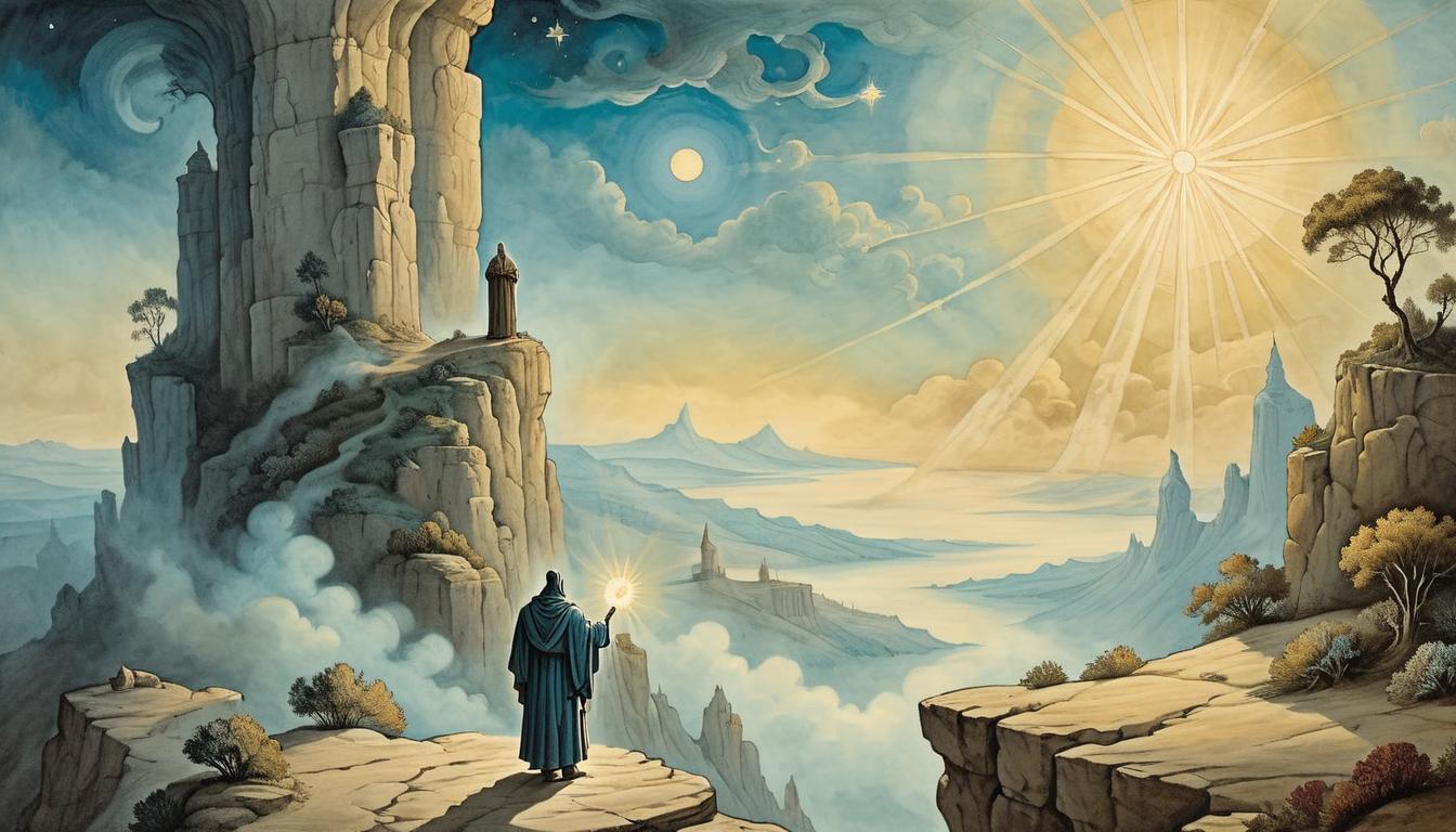  on parchment, surrealism+++, a robed figure standing on a cliff, reaching towards a radiant divine light, expansive sky, spiritual, aspirational(mysterious, provocative, symbolic,muted color)+++