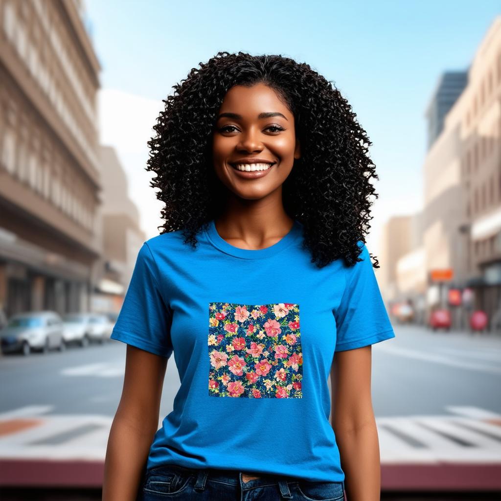  half body portrait black curly happy woman wearing blue t shirt with squared floral pattern on t shirt, Blurred city Background, art by greg rutkowski and artgerm, soft cinematic light, adobe lightroom, photolab, hdr, intricate, highly detailed, (depth of field:1.4)