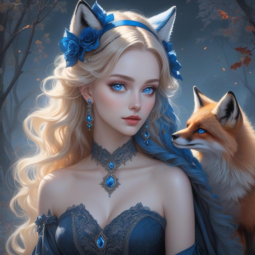  gothic style A portrait of a young woman with wavy hair and blue eyes, wearing a blue headband and earrings, with a red fox beside her. A pencil and charcoal drawing portrait of a beautiful , with big blue sparkling eyes, slight smile, fanciful clothes, messy blond hairstyle, holding a fox in his arms with intricate details and precisely drawn drawing . dark, mysterious, haunting, dramatic, ornate, detailed hyperrealistic, full body, detailed clothing, highly detailed, cinematic lighting, stunningly beautiful, intricate, sharp focus, f/1. 8, 85mm, (centered image composition), (professionally color graded), ((bright soft diffused light)), volumetric fog, trending on instagram, trending on tumblr, HDR 4K, 8K