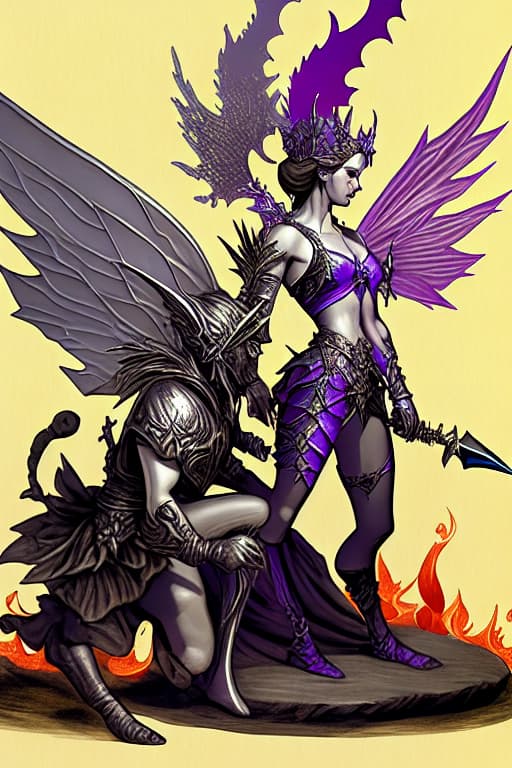  Purpe and silver fairy queen with daggers and fairy wings in flames