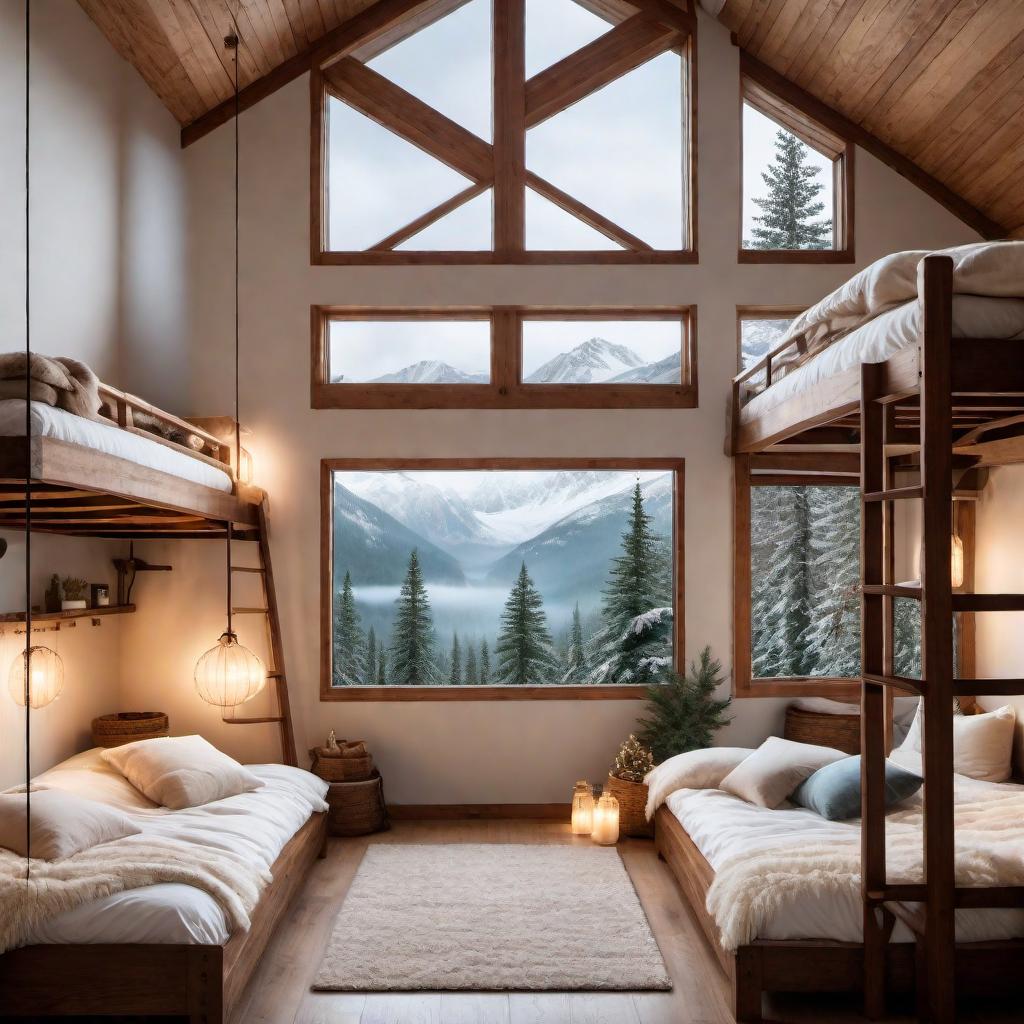  A bunk bed in a cozy cabin with lights and fluffy pillows. The interior is of wood with off white colors. Blankets are hanging off the bed and there are hanging lights from the bed. Moving snow outside. hyperrealistic, full body, detailed clothing, highly detailed, cinematic lighting, stunningly beautiful, intricate, sharp focus, f/1. 8, 85mm, (centered image composition), (professionally color graded), ((bright soft diffused light)), volumetric fog, trending on instagram, trending on tumblr, HDR 4K, 8K