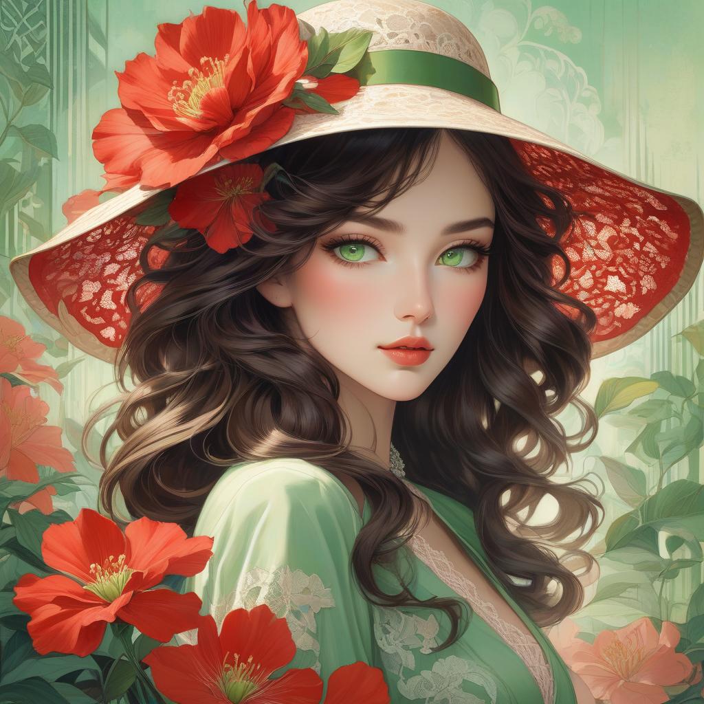  hyperrealistic art A digital artwork of a woman with green eyes, wavy hair, wearing a broad brimmed hat adorned with a flower, set against a colorful backdrop. Art deco masterpiece by legendary artists that include vlop, Victo Ngai, Annigoni, Milo Manara, Botticelli, Catrin Welz Stein, Jean Metzinger, Gustav Klimt, image of a young woman with a fair complexion and soft facial features. She has charming almond shaped hazel eyes and full lips that add to her serene expression. Her wavy, dark brown hair falls gracefully under a wide brimmed, light green hat decorated with intricate lace patterns and a delicate red flower. The background merges with her form in a dreamy watercolor blend of green, red and hints of yellow, suggesting a mix of flo hyperrealistic, full body, detailed clothing, highly detailed, cinematic lighting, stunningly beautiful, intricate, sharp focus, f/1. 8, 85mm, (centered image composition), (professionally color graded), ((bright soft diffused light)), volumetric fog, trending on instagram, trending on tumblr, HDR 4K, 8K