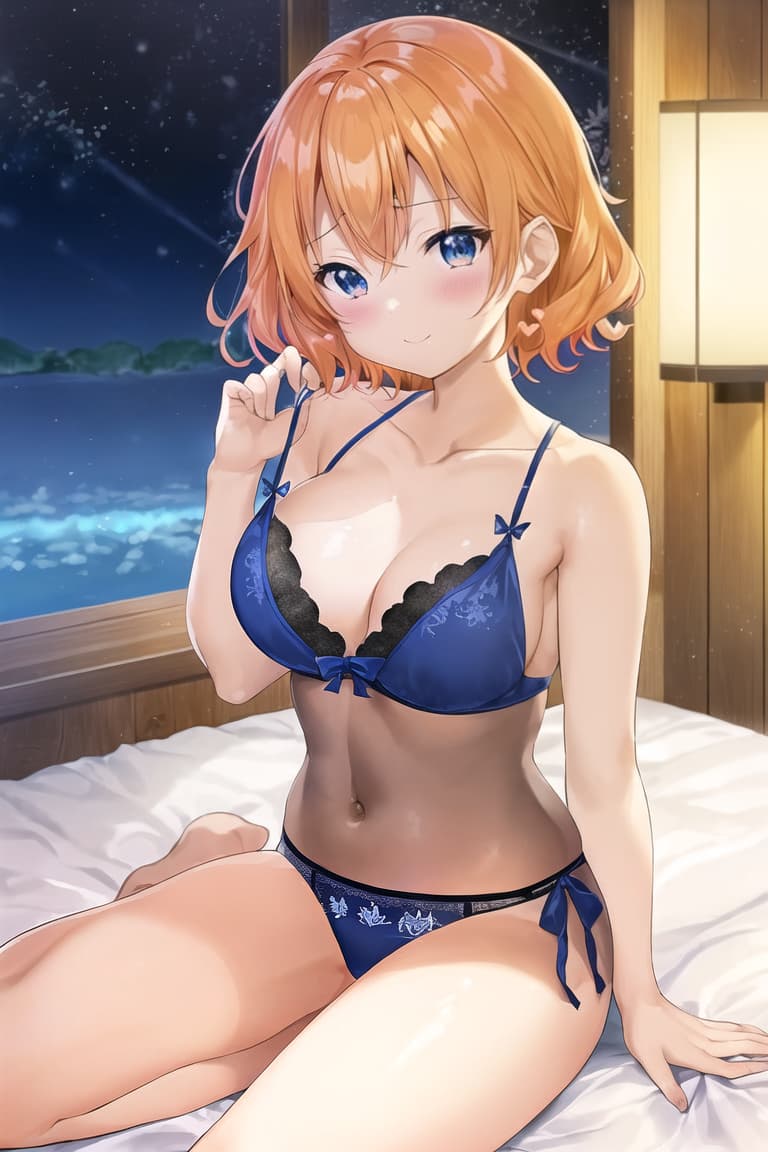  master piece , best quality,orange hair、blue eye、lingerie、つり目、牙、ニヤリ、誘う、巨乳、長身、love、curl、heart、tatoo、luxuary、semi short hair、三つ編み、bedroom、間接照明、添い寝、night