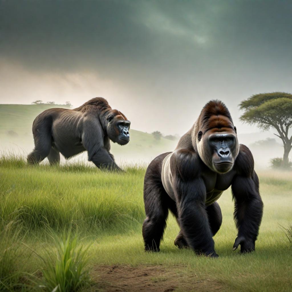  A powerful bull standing next to a strong gorilla in a grassy plain. The scene should emphasize the strength and majesty of both animals, with a natural background featuring green meadows and possibly some distant trees. hyperrealistic, full body, detailed clothing, highly detailed, cinematic lighting, stunningly beautiful, intricate, sharp focus, f/1. 8, 85mm, (centered image composition), (professionally color graded), ((bright soft diffused light)), volumetric fog, trending on instagram, trending on tumblr, HDR 4K, 8K