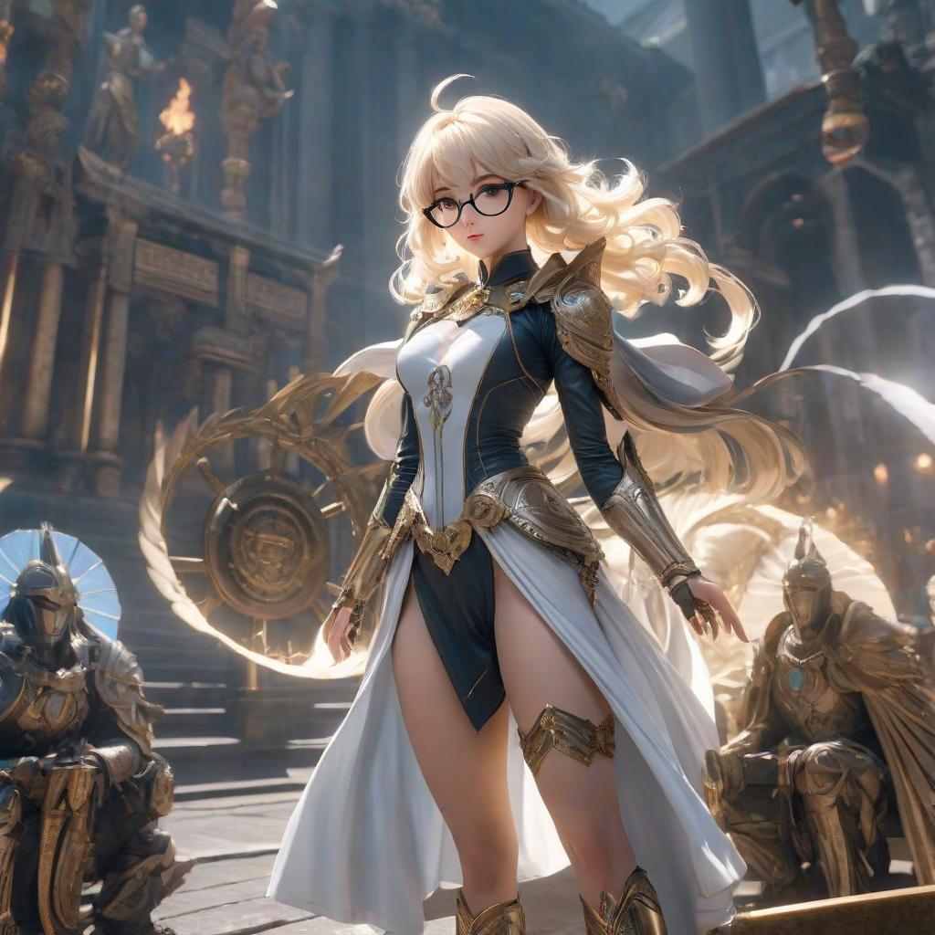  The goddess of equilibrium and order. Short, light blond hair and glasses. hyperrealistic, full body, detailed clothing, highly detailed, cinematic lighting, stunningly beautiful, intricate, sharp focus, f/1. 8, 85mm, (centered image composition), (professionally color graded), ((bright soft diffused light)), volumetric fog, trending on instagram, trending on tumblr, HDR 4K, 8K