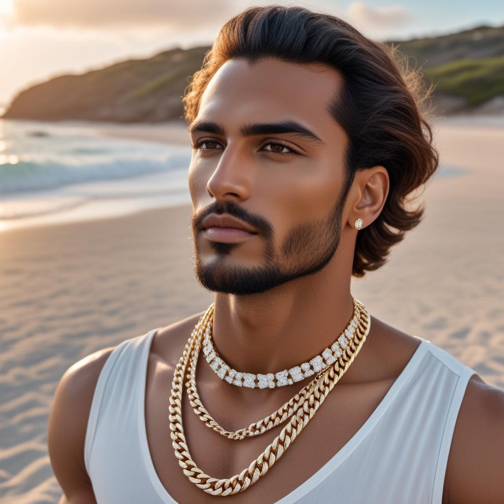  A male model at the beach wearing a diamond-clustered Cuban link chain. The background should showcase a serene beach with golden sands, blue waves gently crashing, and a clear sky with a few white clouds. The model should be stylishly dressed, with the diamond-studded necklace prominently featured around his neck, glistening in the sunlight. hyperrealistic, full body, detailed clothing, highly detailed, cinematic lighting, stunningly beautiful, intricate, sharp focus, f/1. 8, 85mm, (centered image composition), (professionally color graded), ((bright soft diffused light)), volumetric fog, trending on instagram, trending on tumblr, HDR 4K, 8K