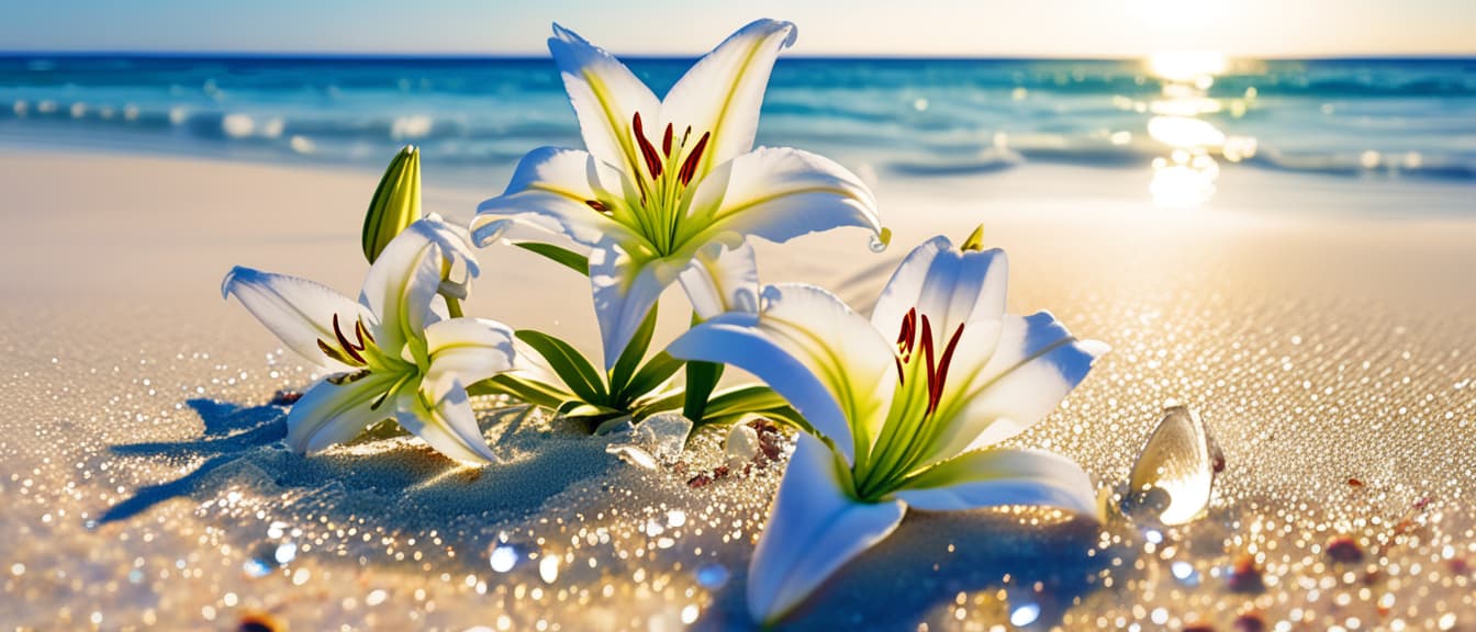  best quality, HD, Beach summer panoramic background with Lily flower on the cristal sand and glory water