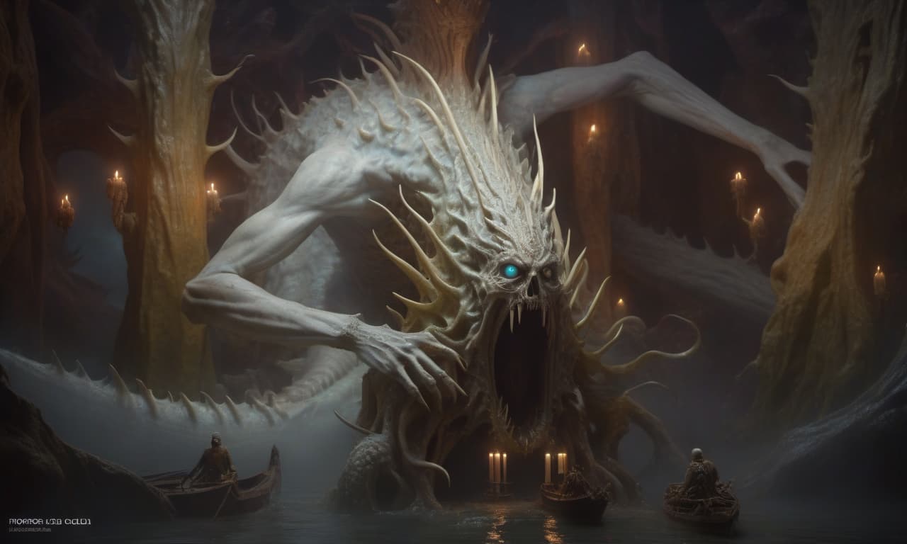  horror themed Ancient god from the abyss, Lovecraft, huge, boat, many eyes, many hands. . eerie, unsettling, dark, spooky, suspenseful, grim, highly detailed hyperrealistic, full body, detailed clothing, highly detailed, cinematic lighting, stunningly beautiful, intricate, sharp focus, f/1. 8, 85mm, (centered image composition), (professionally color graded), ((bright soft diffused light)), volumetric fog, trending on instagram, trending on tumblr, HDR 4K, 8K